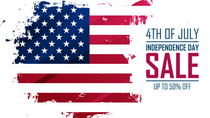 4th of July, Independence Day Sale commercial banner with American national flag brush strokes for shopping promotion and holiday sale advertising. Vector illustration.