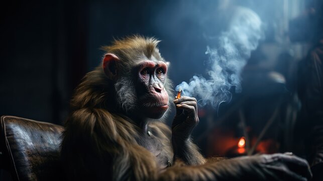 A highly stylized portrait of a monkey smoking sitting casually, reminiscent of human behavior