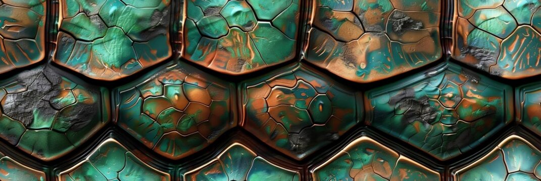 seamless pattern of turtle shell, reptile print texture,  green and brown shell background, wallpaper .	
