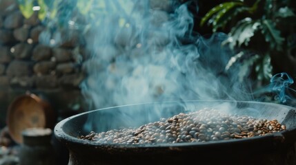 Coffee beans from the trees are roasted in a traditional drum roaster.
