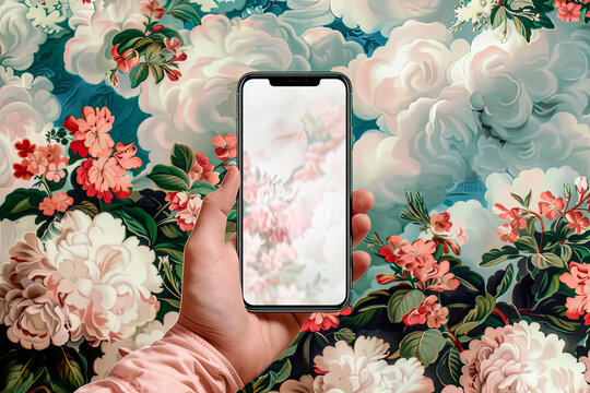 The hand holds a smartphone with a white screen with tropical and plants background