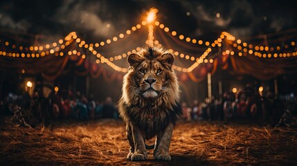 A regal-looking lion stands proudly in the center of a circus arena under warm lights © AS Photo Family