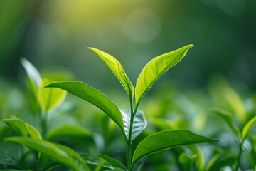 Fototapeta premium Green Tea Leaves Closeup Natural Background Healthy Lifestyle Product Design Fresh Plant Nature