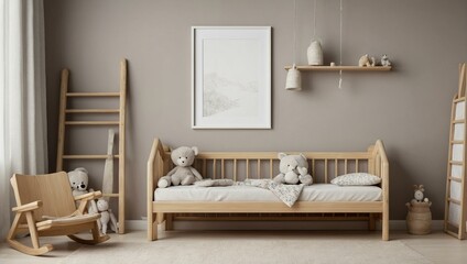 Modern and cozy Scandinavian-style interior design for a toddler's room with plush toys on a wooden bed