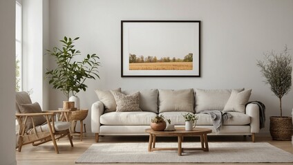 Spacious living room with plush sofa and natural elements, complemented by a field landscape painting