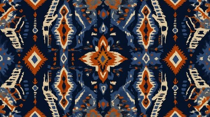 Fototapeta premium Traditional tribal pattern with navy, orange, and beige tones in a symmetric ikat-style design