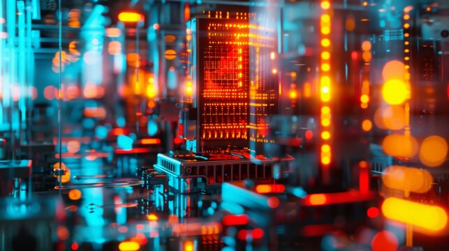 Depict the cutting-edge technology of quantum computing with an image of a futuristic computer lab filled with glowing quantum processors --ar 16:9 --style raw 