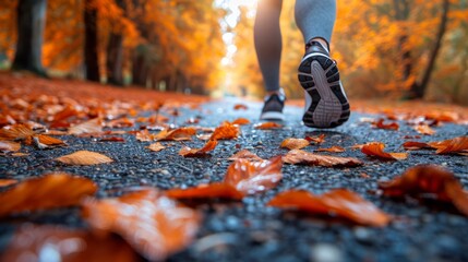 Overweight young woman jogging for exercise and fitness in a picturesque autumn park setting