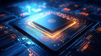 Quantum computing technology: close-up of optical cpu processing light signals with glowing qubits and laser rays transmitting digital data in a processor, abstract tech background


