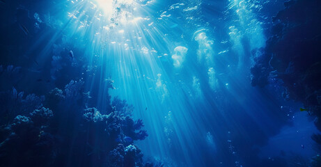 Obraz premium Underwater Sunlight Rays in Ocean Depths 