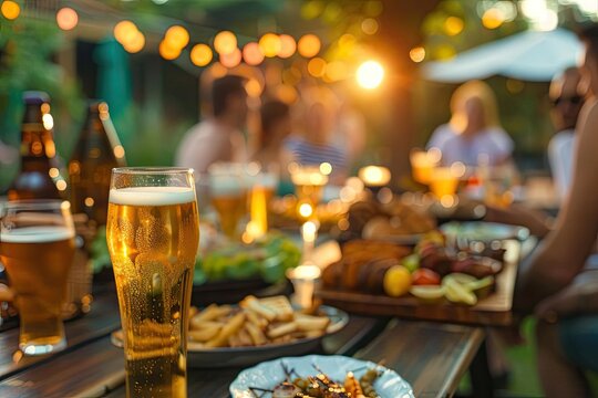 Outdoor gathering with friends enjoying food and drinks at sunset, featuring a table with beer and snacks. Perfect for social event themes.