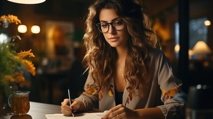 A focused young woman with glasses writing in a notebook at a warmly lit home office space - Powered by Adobe