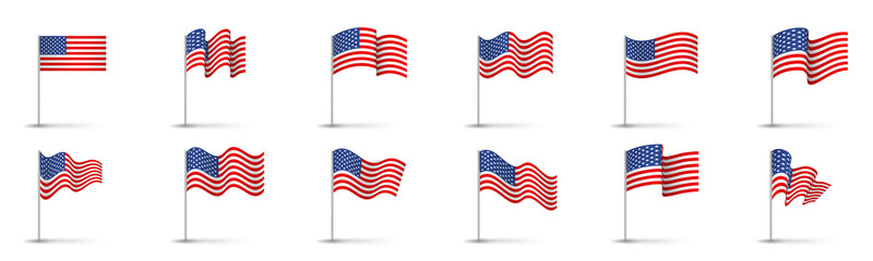 United states flag set, usa symbol, wavy shape flag pole realistic illustration © tutti_frutti