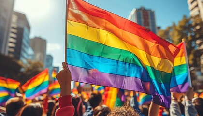 Rainbow Pride flag waving in the air at a pride parade