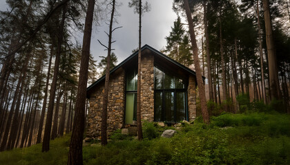 Beautiful, modernized old stone house in the forest with solar panels on roof for renewable, clean energy and full-height windows.