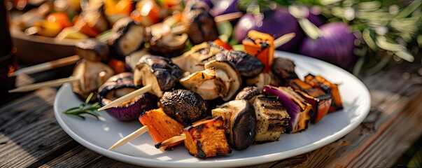 Fototapeta premium Grilled vegetable skewers on a white plate presented on a rustic wooden table, highlighting colorful and fresh ingredients in outdoor setting.