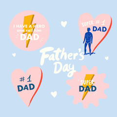 Father's Day vector greeting cards on white and blue background. Father's Day cartoon holiday illustration for banner. Set of icons for greeting father. Super dad, Dad number one.