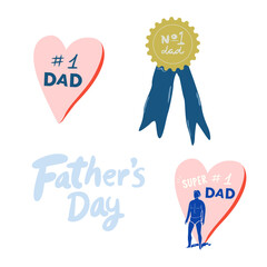 Father's Day vector greeting cards on white and blue background. Father's Day cartoon holiday illustration for banner. Set of icons for greeting father. Super dad, Dad number one