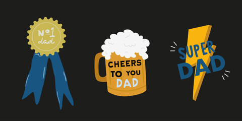 Father's Day vector greeting icons on black background. Father's Day cartoon holiday icons for banner. Set of icons for greeting father. Super dad, Dad number one. Mug of beer icon for greeting card