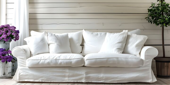 Chic cottage living room with a white linen sofa in shabby style. Concept Shabby chic decor, Cottage living room inspiration, White linen sofa, Interior design trends