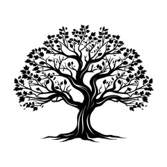 A fabulous oak tree with twisted branches and leaves. Black outline silhouettes illustration.