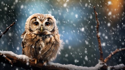 Happy owl rejoices in first snow.