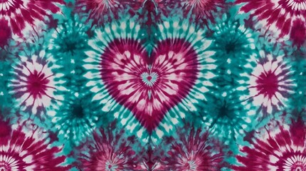 This textile showcases a tie-dye heart design with pink and teal highlights creating a symmetrical pattern