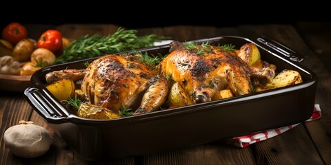 Baked potatoes and chicken drumsticks on a rustic wooden table. Concept Food Photography, Rustic Setting, Comfort Food, Chicken and Potatoes, Homestyle Cooking