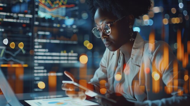 IPO database graph, laptop hologram hud, stock market or woman review finance chart, future night overlay. Ui forex investment, online data analysis, or African broker NFT, bitcoin, crypto trading