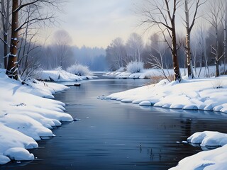 Winter Lake River Landscape Nature Oil Painting Art