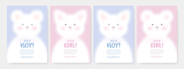 Baby shower greeting card, poster, banner or invitation design template with cute bear and kitten on blue and pink background. It's a girl. It's a boy. Vector illustration