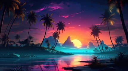 Tropical beach with palm trees. Retrowave landscape background.