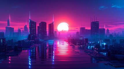 Obraz premium Neon sun sets behind a retrowave city.