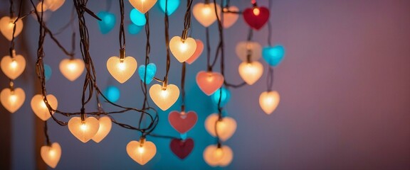 Colorful heart-shaped lamp strings against a blue backdrop with soft illumination
