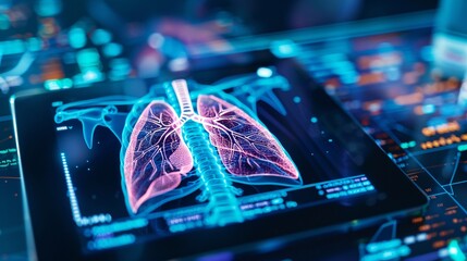 Doctors, hospital or tablet with lungs hologram in tuberculosis, cancer or heart analytics in night healthcare collaboration. Futuristic, abstract or breathing organ on technology for thinking women