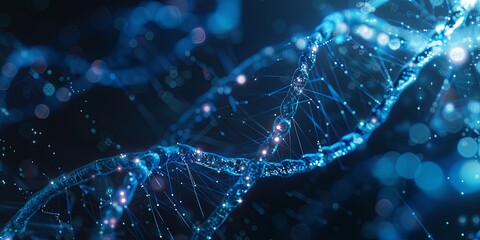 Glowing DNA Strands on Technological Background