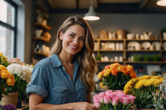Portrait of attractive woman florist collects a bouquet in in a flower shop. The concept of small business, employment, gifts and flowers for the holidays. AI generated - Powered by Adobe