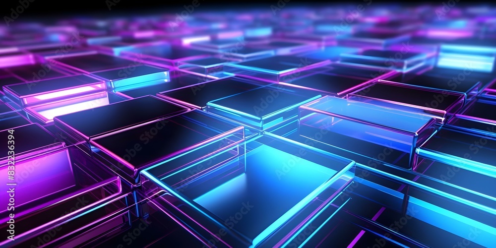 Poster d rendering of shiny purple and blue blocks on futuristic tech backdrop. concept 3d rendering, shiny