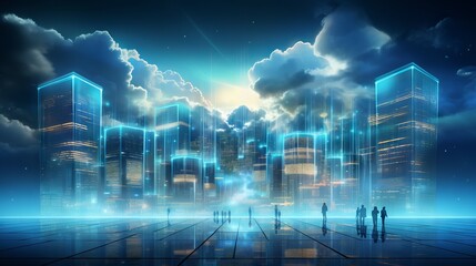 Cloud computing technology concept background, digital illustration depicting data storage and networking solutions

