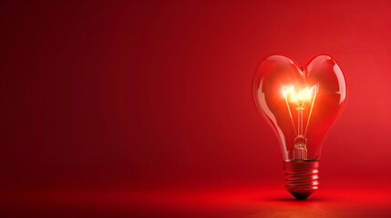 A heart lamp shines on a red background with plenty of space for editing
