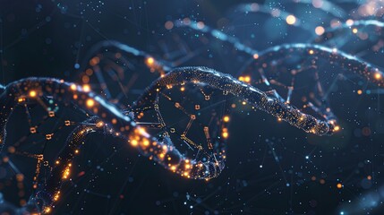 Glowing DNA Strands on Technological Background