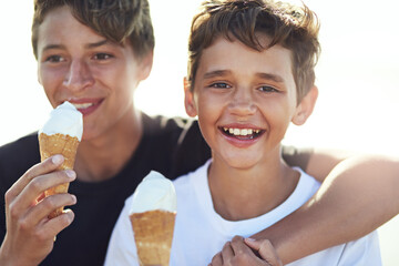 Kids, portrait and happy siblings with ice cream outdoors with love, care and having fun while...