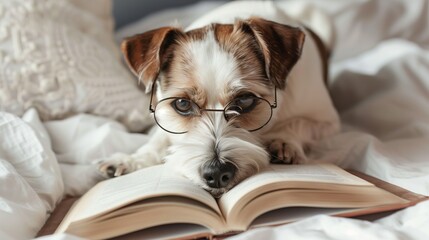 Cute dog with glasses reading a book.