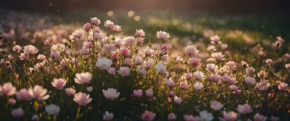 Obraz premium A tranquil scene of wildflowers bathed in sunlight with dew drops, creating a serene backdrop