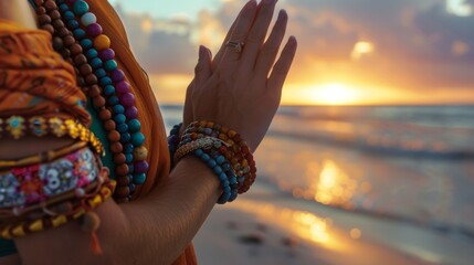 Prayer, beach, and woman with beads for natural meditation and peace. Motivation, yoga and spiritual black woman praying by ocean for mindfulness, wellness and healthy body in morning