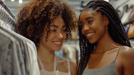 Fashion, retail, consumer, and staff discussions about clothes, service, and discounts. Shop assistant, smiling, luxury, choice, or sales to women, people, or clients