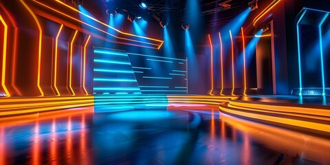 Neon lights bring colorful glow to modern game show stage without an audience. Concept Game Shows, Neon Lights, Modern Stage, Colorful Glow, Audience-less