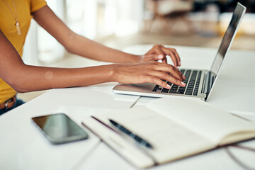 Woman, hands and email on laptop in office for typing or communication, task management and...