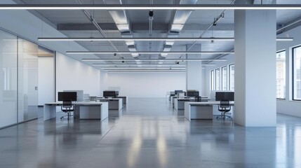 Modern urban office interior features sleek workstations beneath fluorescent lights, surrounded by empty white walls and polished concrete floors in a minimalist space.