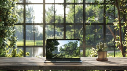 Modern laptop mockup on a rustic wooden desk placed in front of a massive glass window with a serene natural landscape as the backdrop.